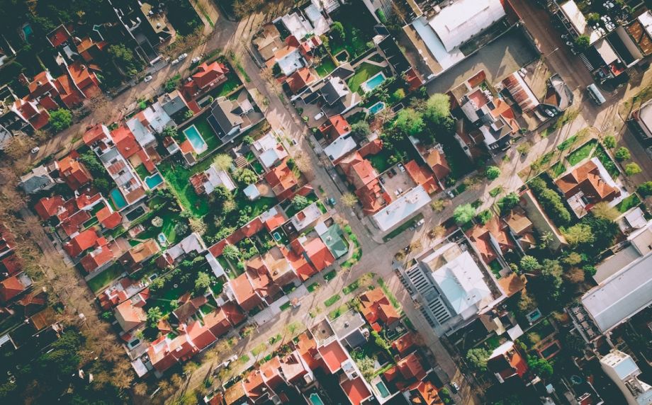 drone shot of city trees